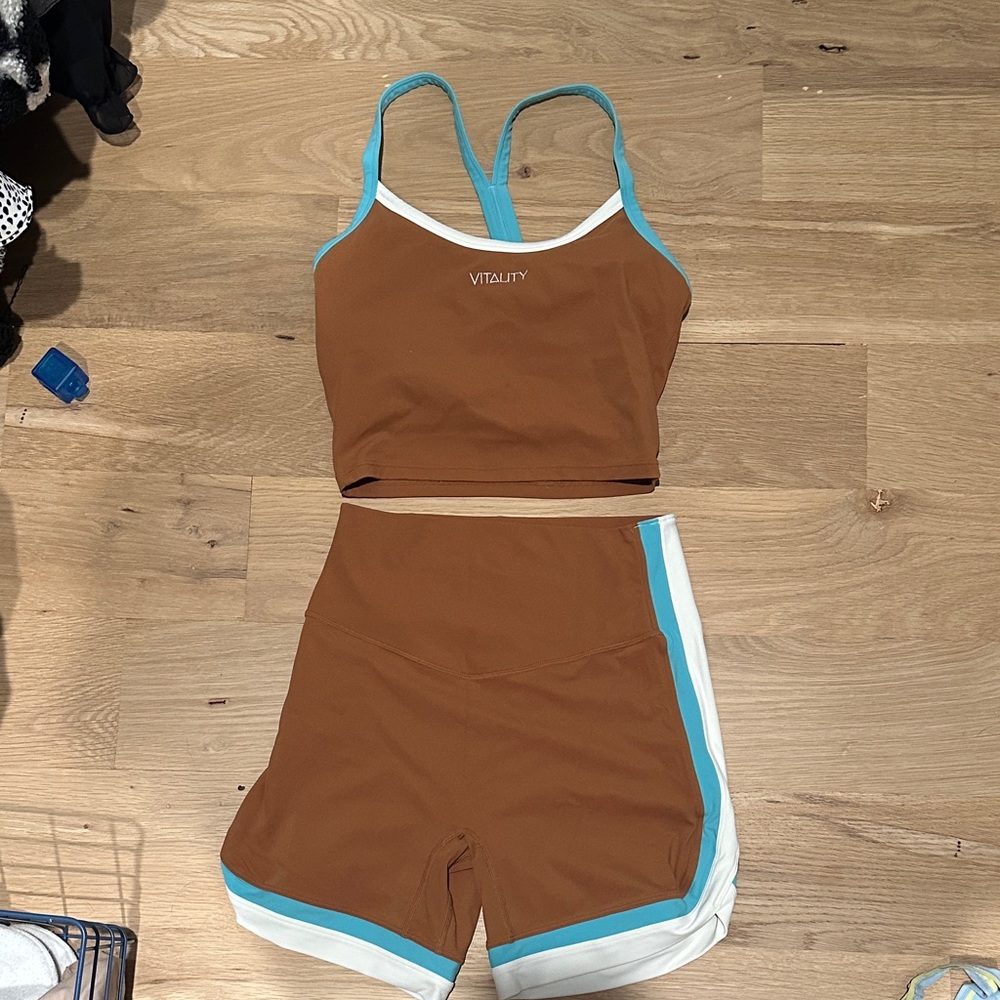 Vitality Women's Athletic Shorts and Top Set - Brown and Blue